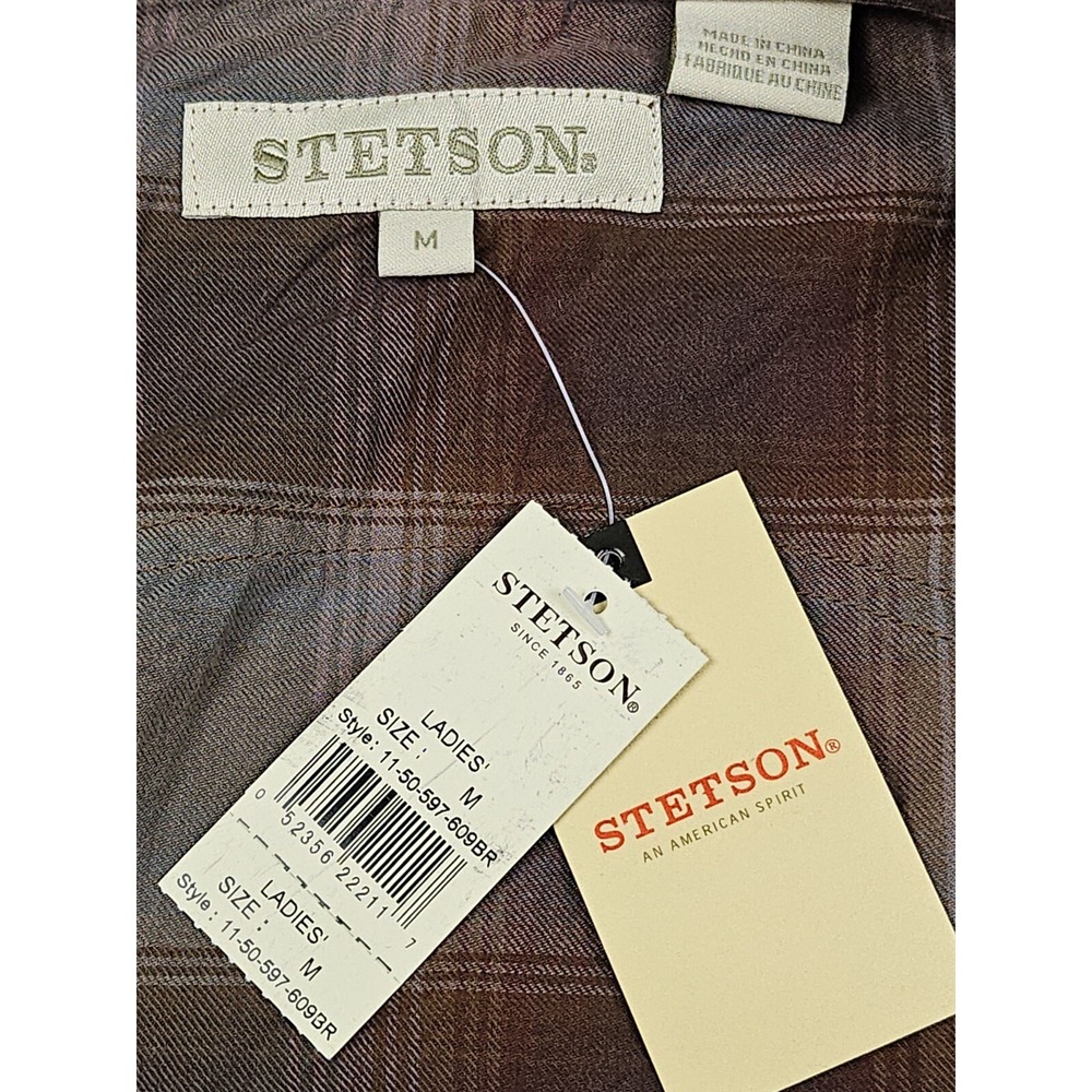Stetson Women's M Brown Plaid Check Full Zip 100% Cotton Shirt CowgirlCore NWT - Picture 4 of 13